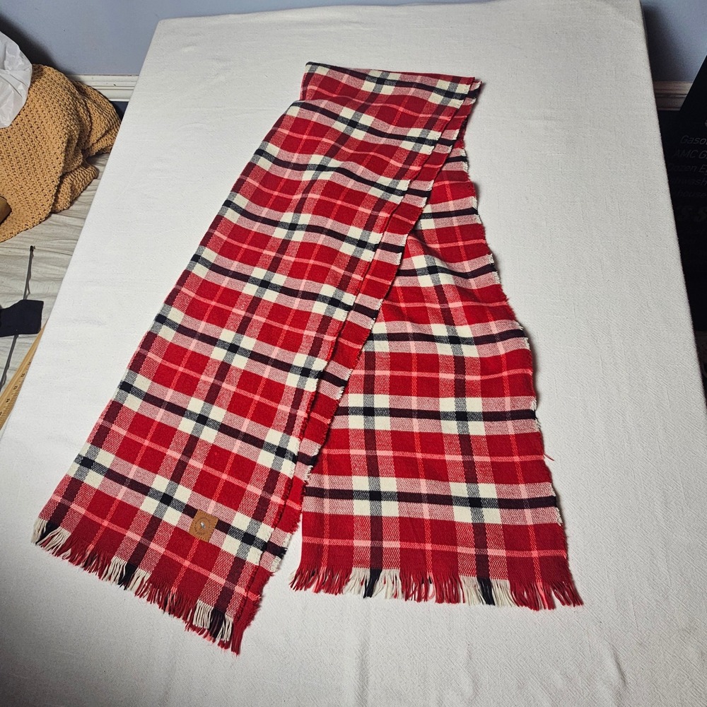 Abercrombie & Fitch Red Plaid Woven Scarf with Faux Leather Moose Logo Patch